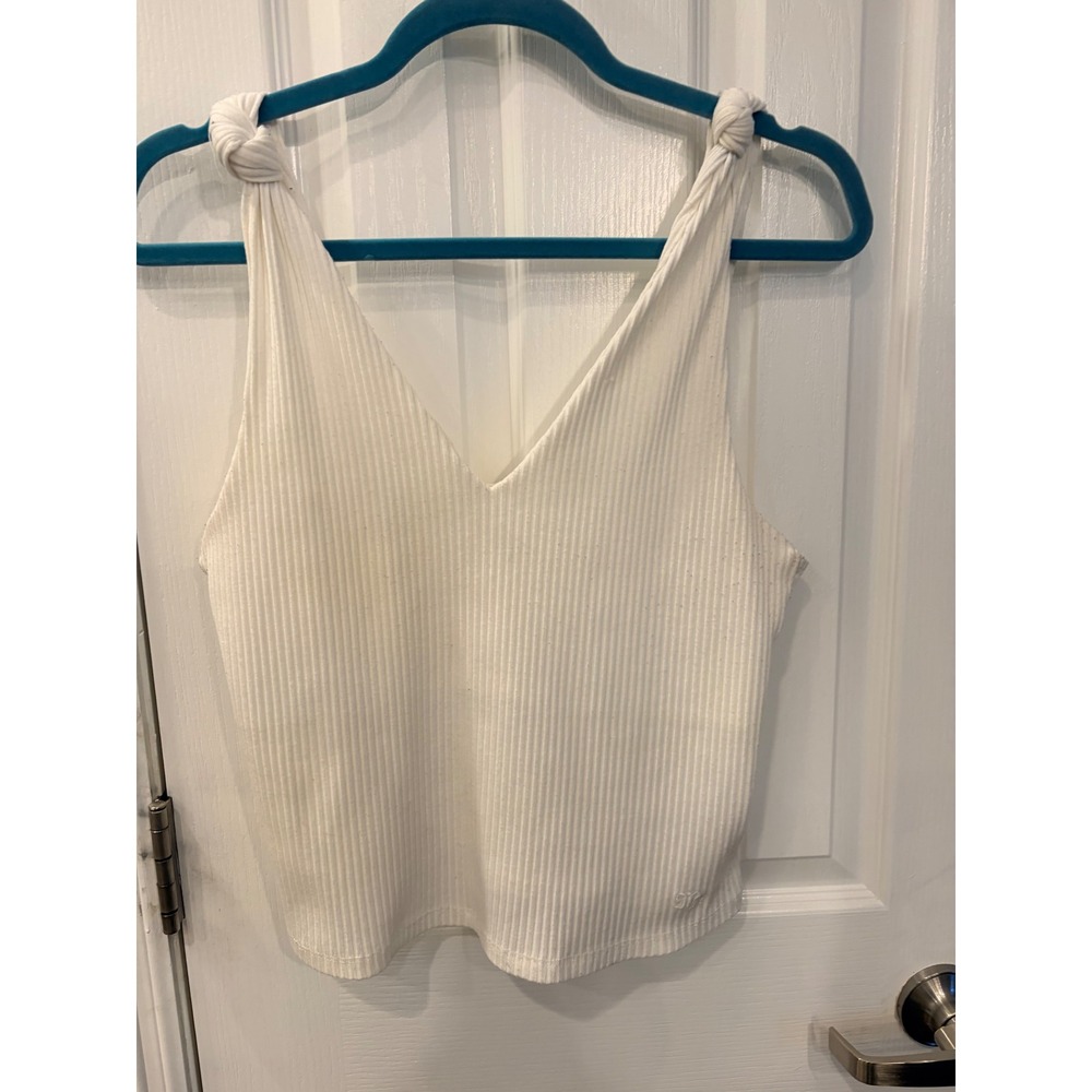 Miss Me Tank Top White Ribbed V-Neck Knot Strap MT1018T Sleeveless Cami